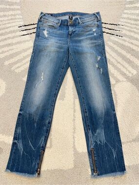 True Religion Women's Mid-Blue Straight Leg Jeans with Ankle Zips